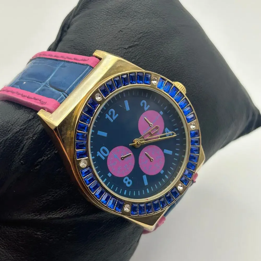 Adrienne Gold Blue Crystal Bezel Pink Blue Leather Working New Battery - Picture 2 of 8